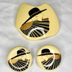 Vintage 80s Ceramic Brooch Earrings Set Made Japan Patrick Nagel Style Graphic